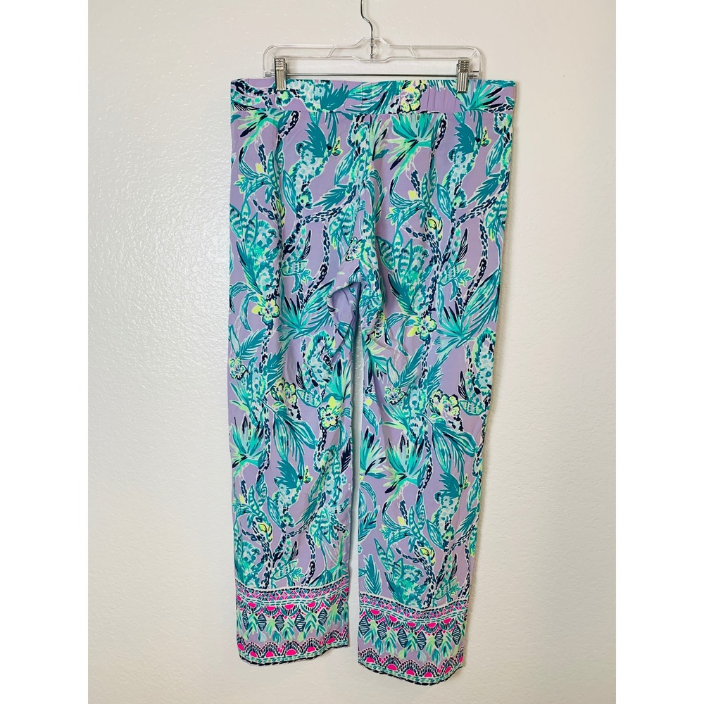 Lilly Pulitzer Wide Leg Pants Women XL Purple Teal Tropical Floral Resort Beach - Picture 4 of 10